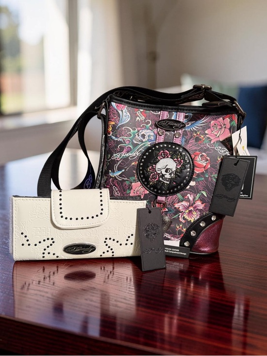 Ed Hardy Handbags - Ed Hardy NWT Multicolor Floral Skull Crossbody with White Skull Wallet (P222)